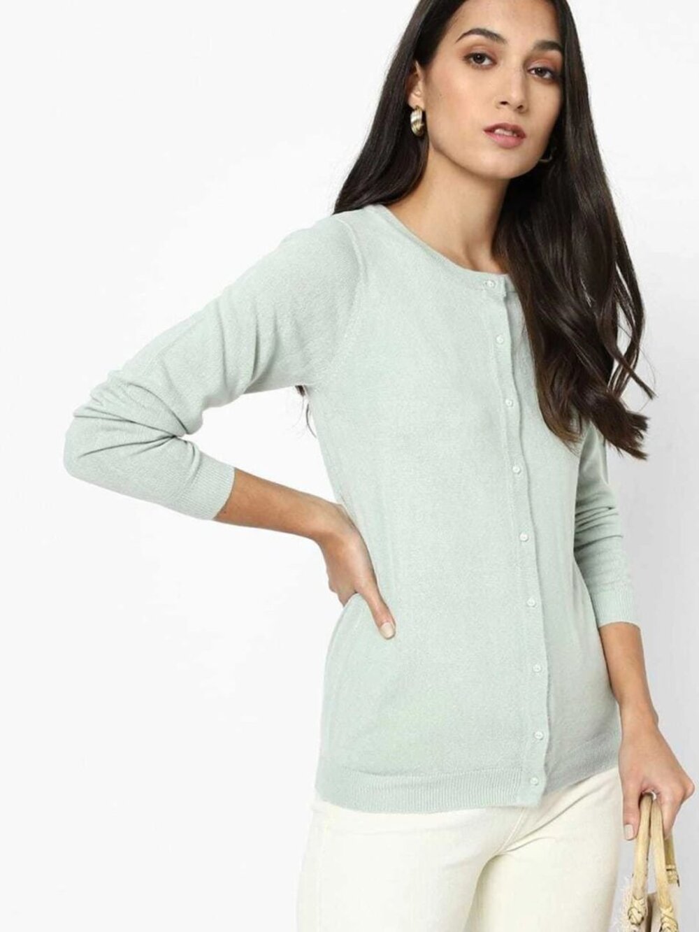New Diamond Buttons Round Neck Green Cardigan Sweater 3/4 sleeve